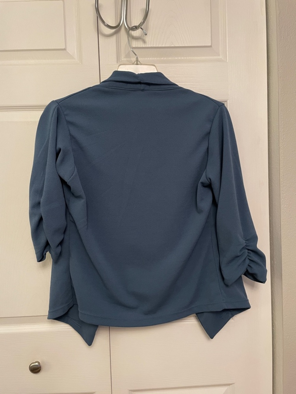 DOUBLJU Women’s Ruched 3/4 Sleeves Open Front Blue Lightweight Jacket Blazer L - Picture 4 of 7